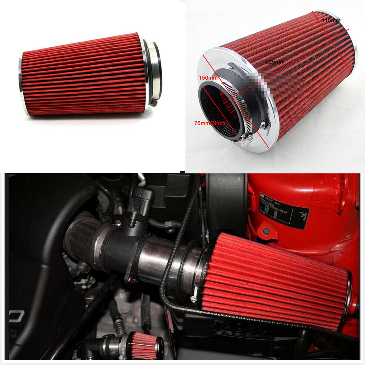 Universal Aluminum 3" Inlet Car Long Cold Air Intake Filter Cone Filter Red