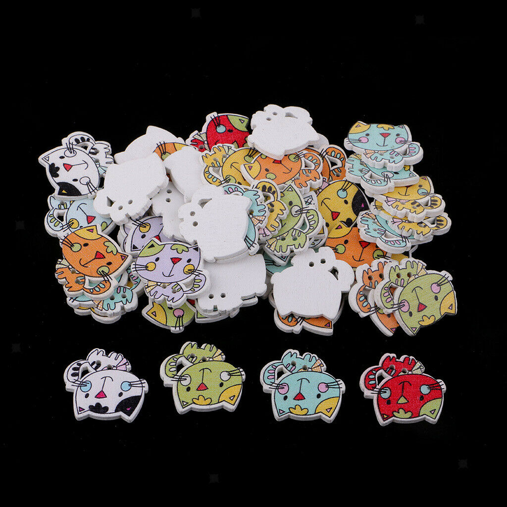 50pcs Lovely Cartoon Cat 2 Holes Wooden Buttons Decorative Buttons For DIY