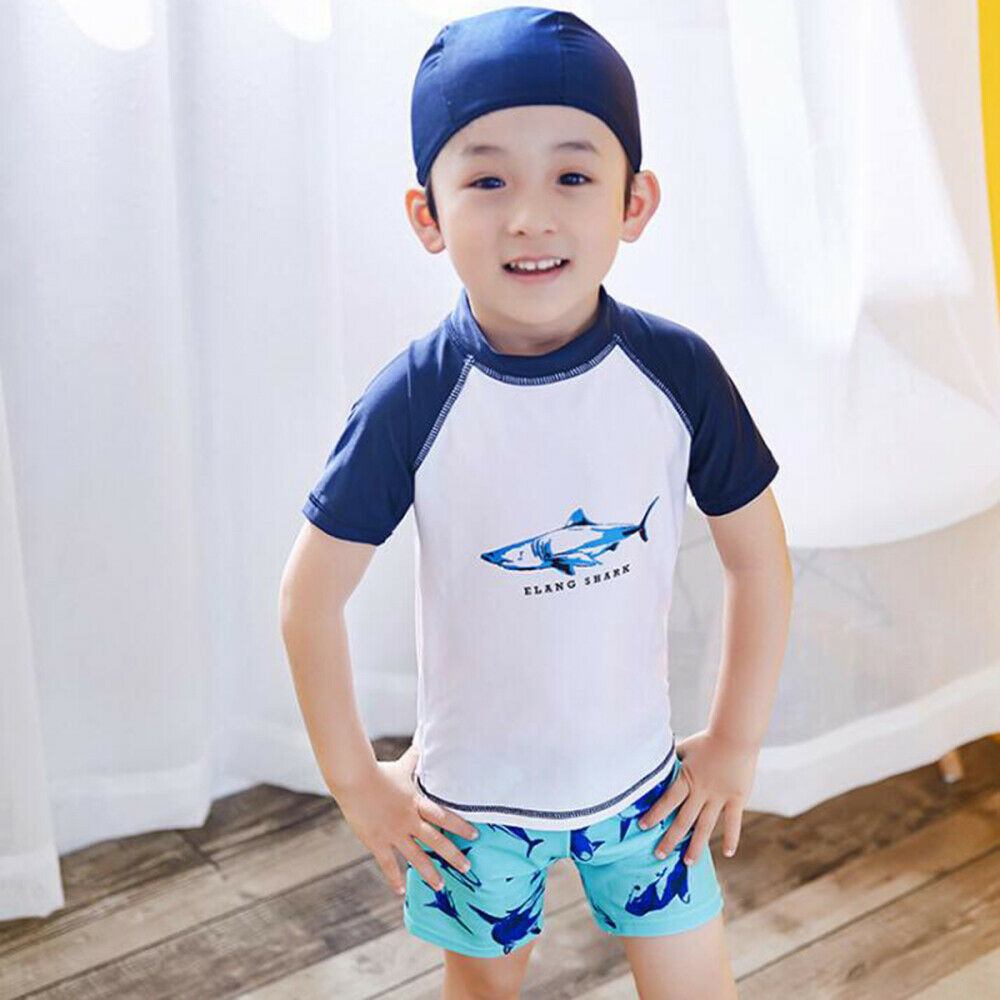 3pcs Kids Boy Swimwear Swimsuit Bathing Suit T-Shirt+Shorts+Cap Swimming Outfit