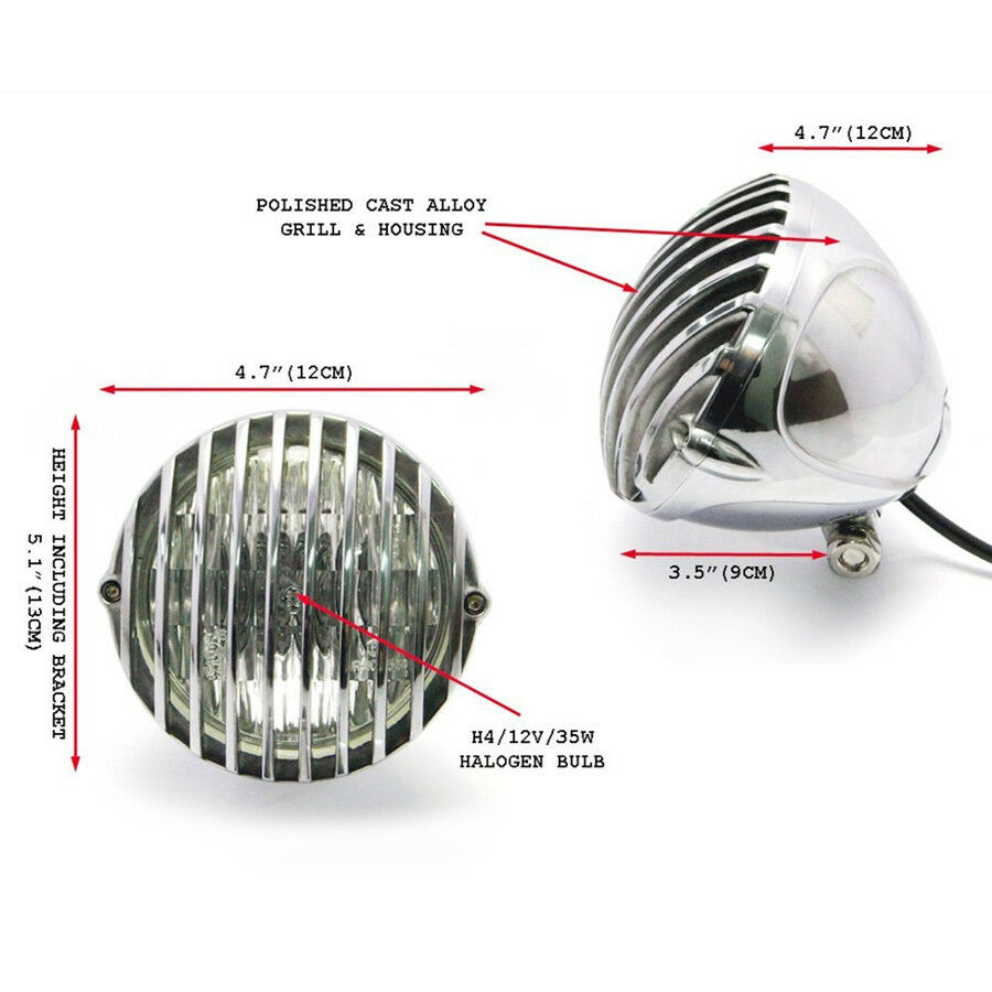 Motorcycle Finned Grill Led Headlight High Low Beam ForCafe Racer Bobber Chopper