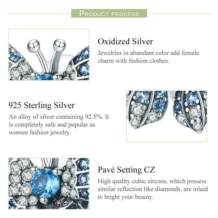 Women Authentic 925 Sterling Silve CZ Butterfly Charm Bead Fit Bracelet&Necklace