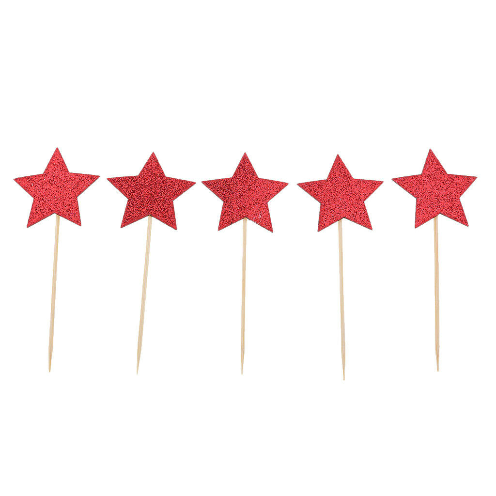 10Pcs Kids Birthday Cupcake Toppers Glitter Star Party Decor Baby Shower Red
