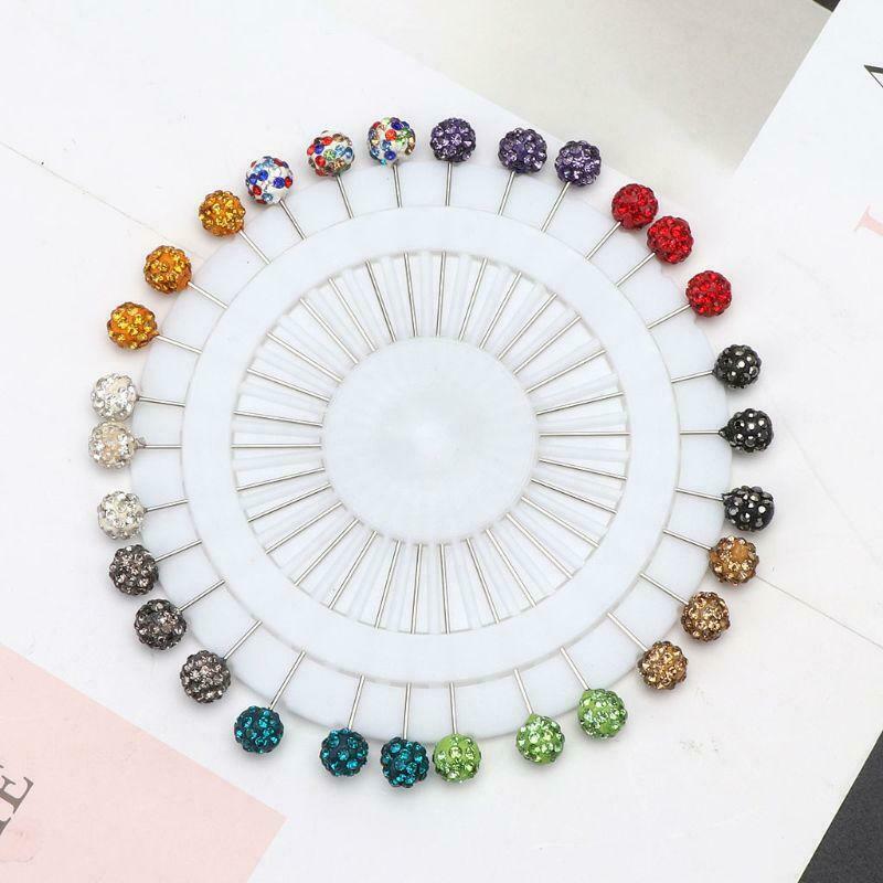 30Pcs Muslim Hijab Scarf Safety Pins Crystals Ball Brooches Straight Head Pins