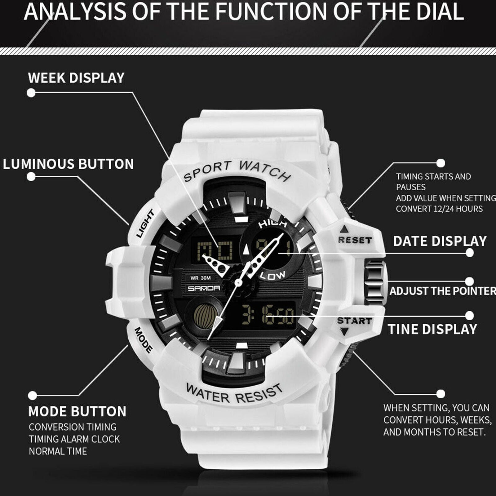 Men's Military Digital LED Alarm Week Analog Quartz Sport Watch Waterproof