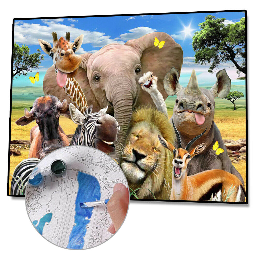 Painting By Numbers Kit DIY Happy Animals Canvas Oil Art Picture Home Decor @