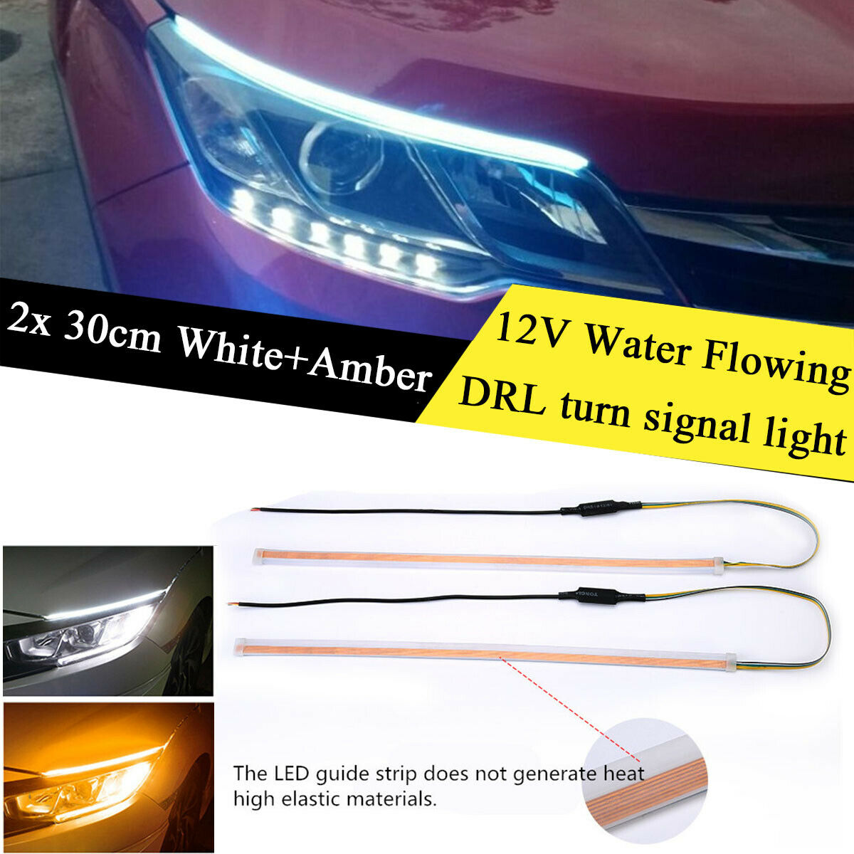 2x 30cm Car LED Headlight Light Strip Running Light Flowing Turn Signal Fog Lamp