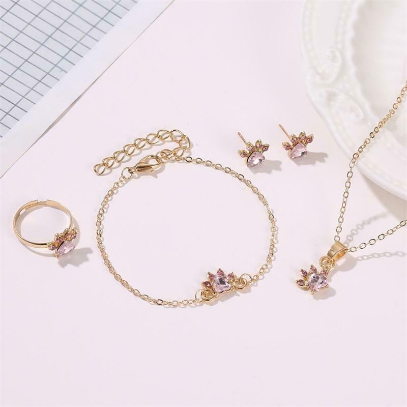 Pink Crystals Cat Paw Earrings Rings Pendant Bracelet Adjustable Pet Cat Jewerly