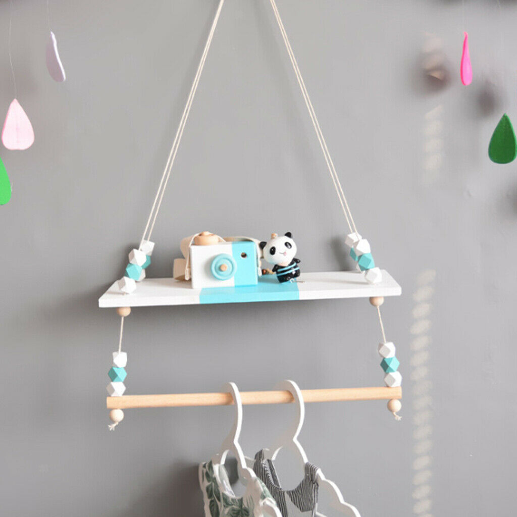 Wooden Handicraft Pine Single-layer Partition Shelf + Clothes Hanger Green
