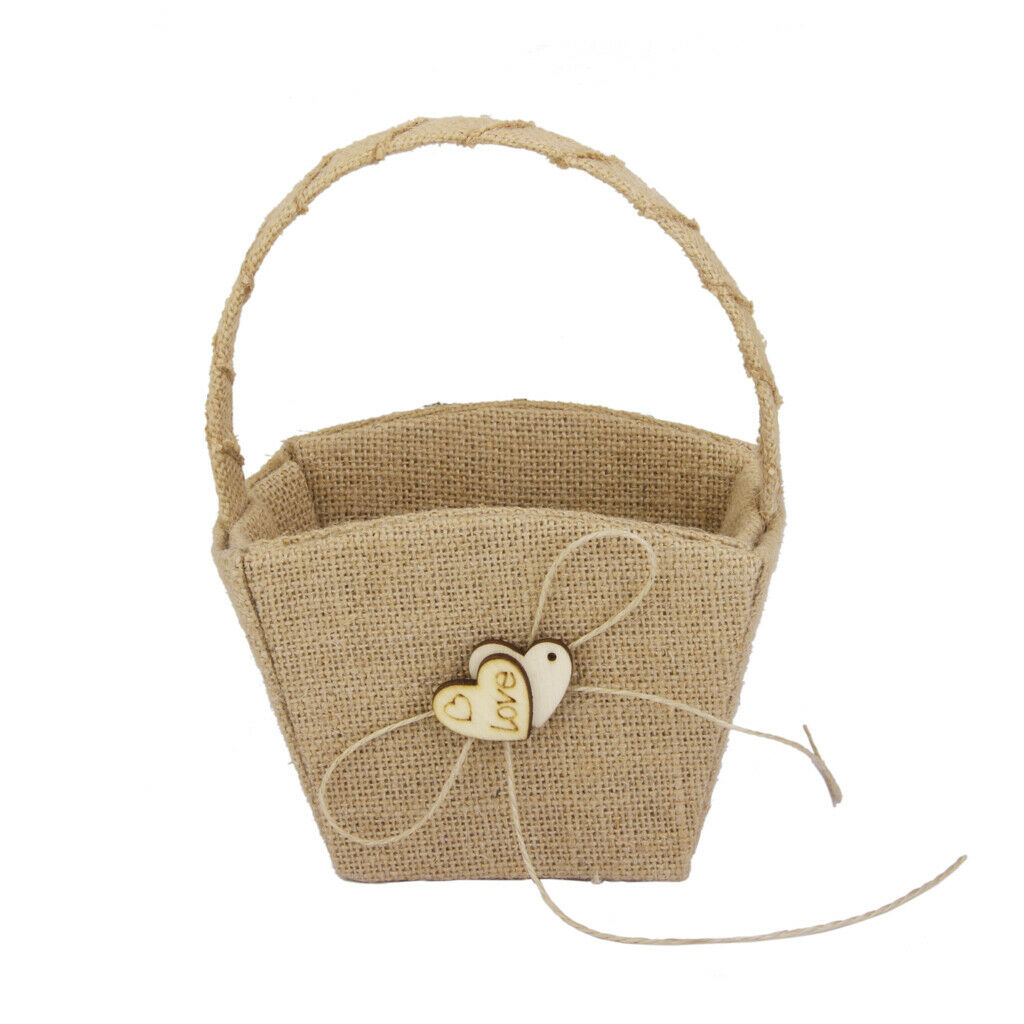 Rustic Wedding Burlap Hessian Shabby Chic Flower Girl Basket w/ Heart Decor