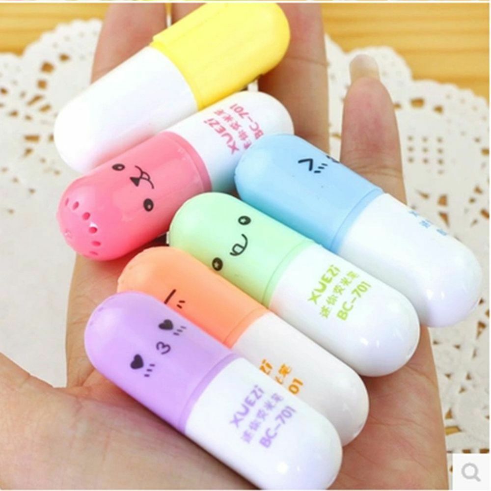 6pcs Cute Smiling Face Pill Highlighter Pens Stationery School Office Supplies