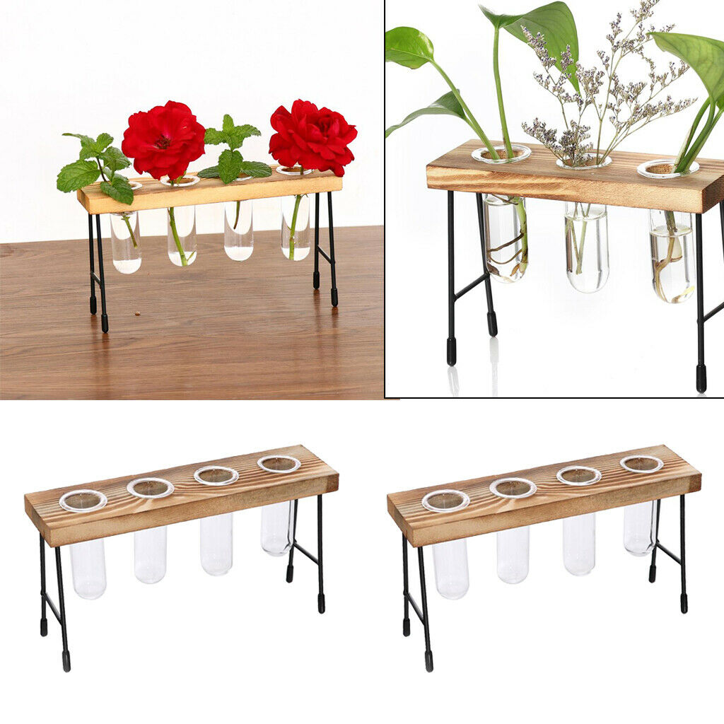 2x Glass Vase Test Tube in Wooden Chair for Flowers Plants Home Decor 4 Tube