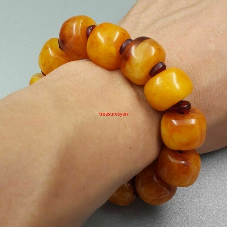 Certified Chicken Oil Yellow Amber Short Barrel Bead Bangle Bracelet Men 7.5"