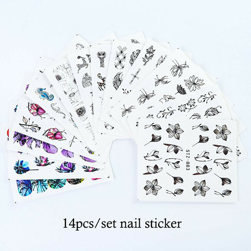 14Sheet Butterfly Nail Stickers Water Transfer Decals Nail Art Decor Tips Art