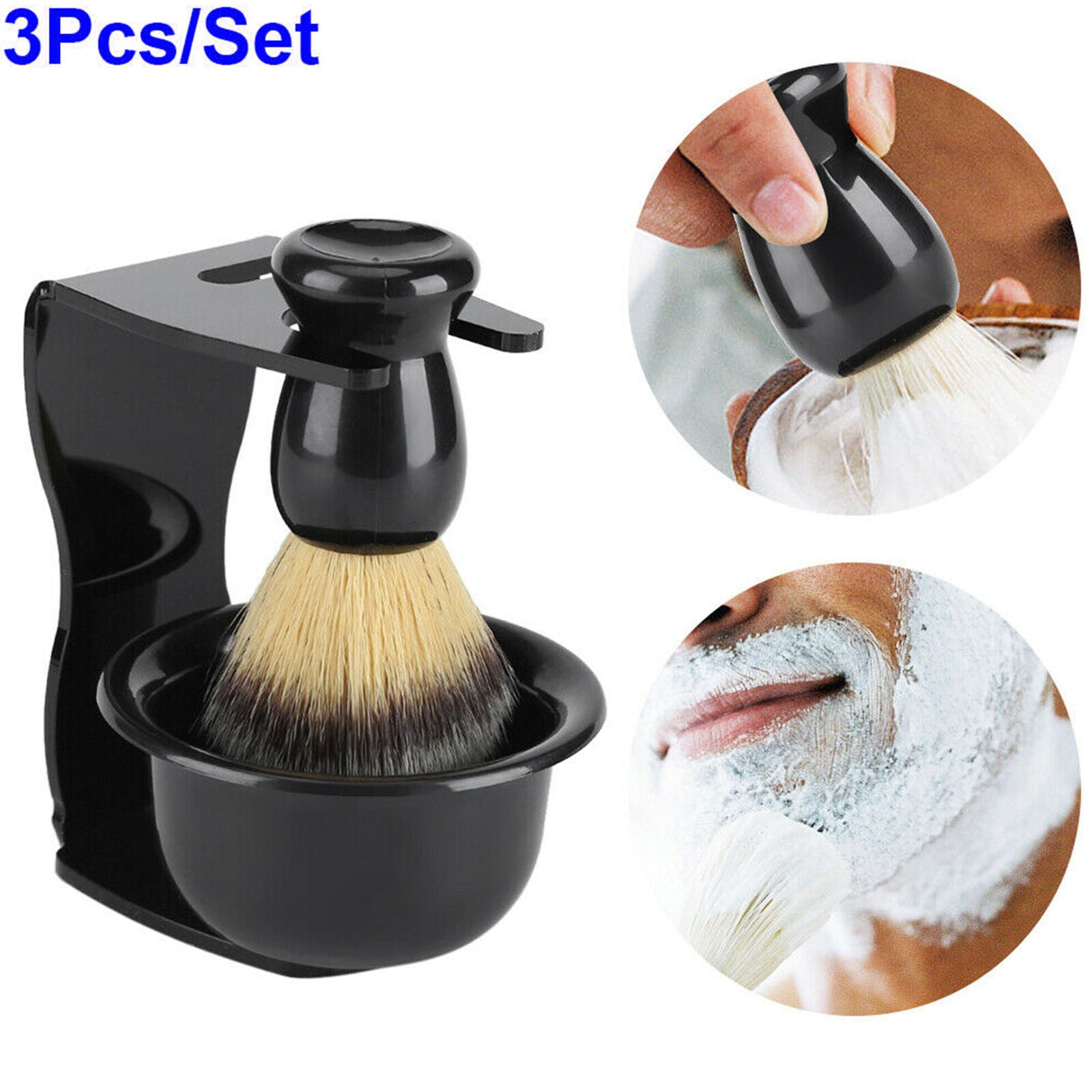 3 in 1 Home Salon Shaving Set Stand Holder & Shaving Brush & Bowl Cup Men