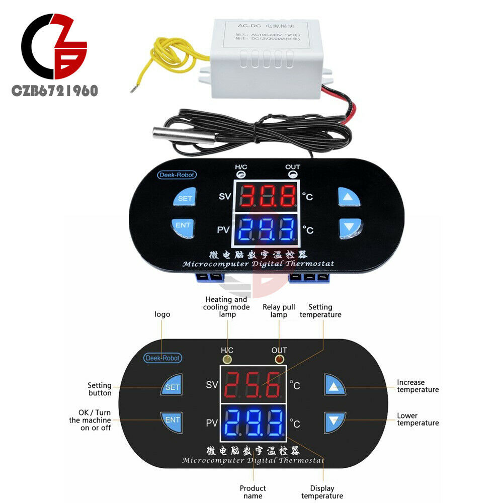 AC110V/220V 10A Red+Blue LED W1308 Thermostat Temperature Controller Sensor