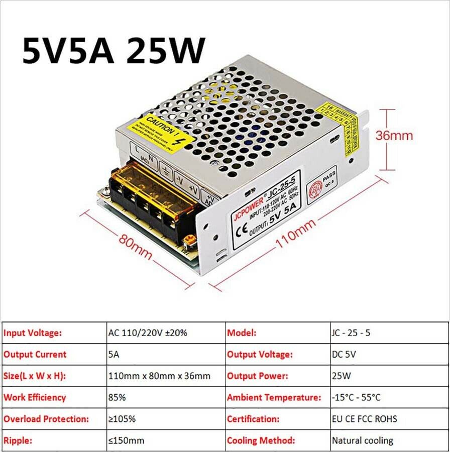 5V 5A 25W DC Regulated Switching Power Supply Driver Transformer LED Monitor