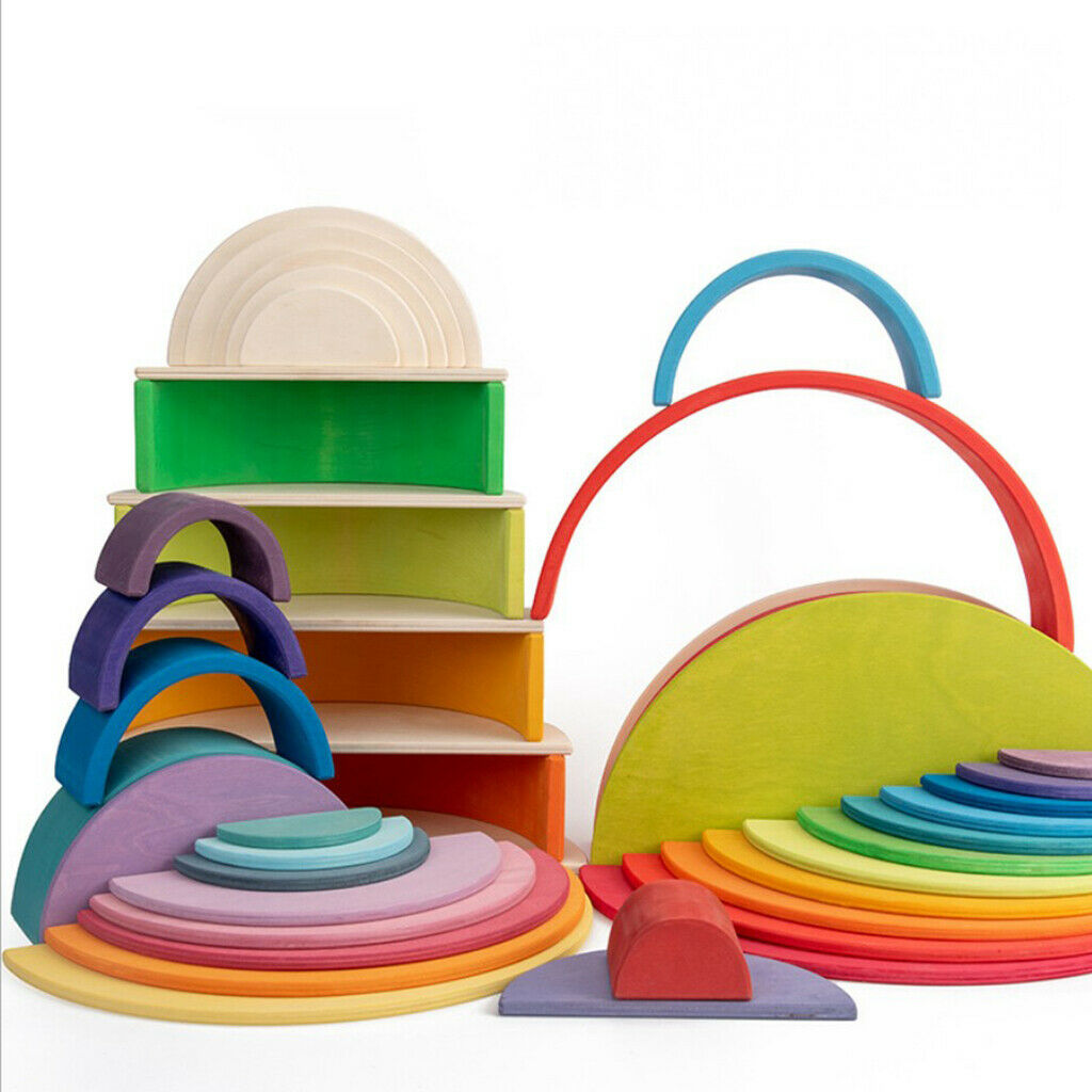 Wooden Rainbow Stacker Tunnel Nesting Puzzle Blocks Educational Toys for Baby
