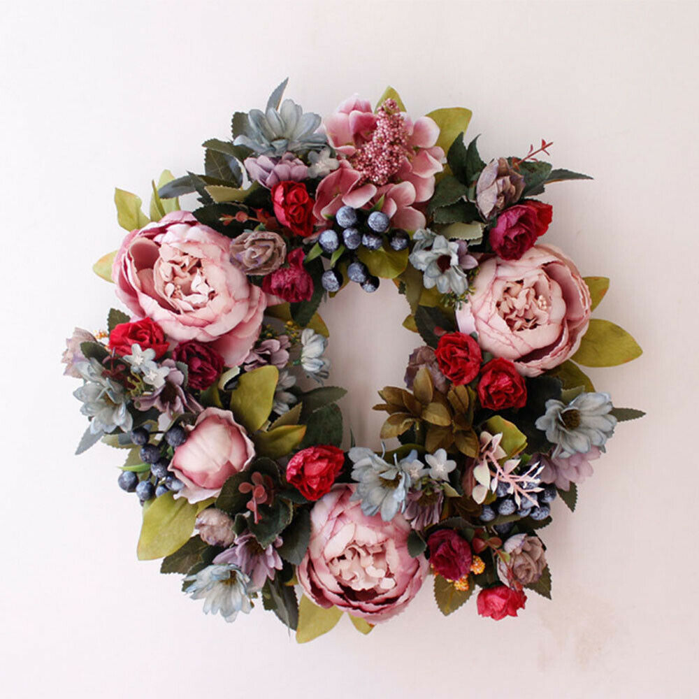 Artificial Peony Flower Summer Wreath Green Leaves Front Door Indoor Wall Decor