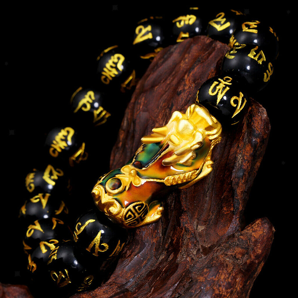 Feng Shui Black Obsidian Pixiu Charms Bracelet Jewelry Elastic Black