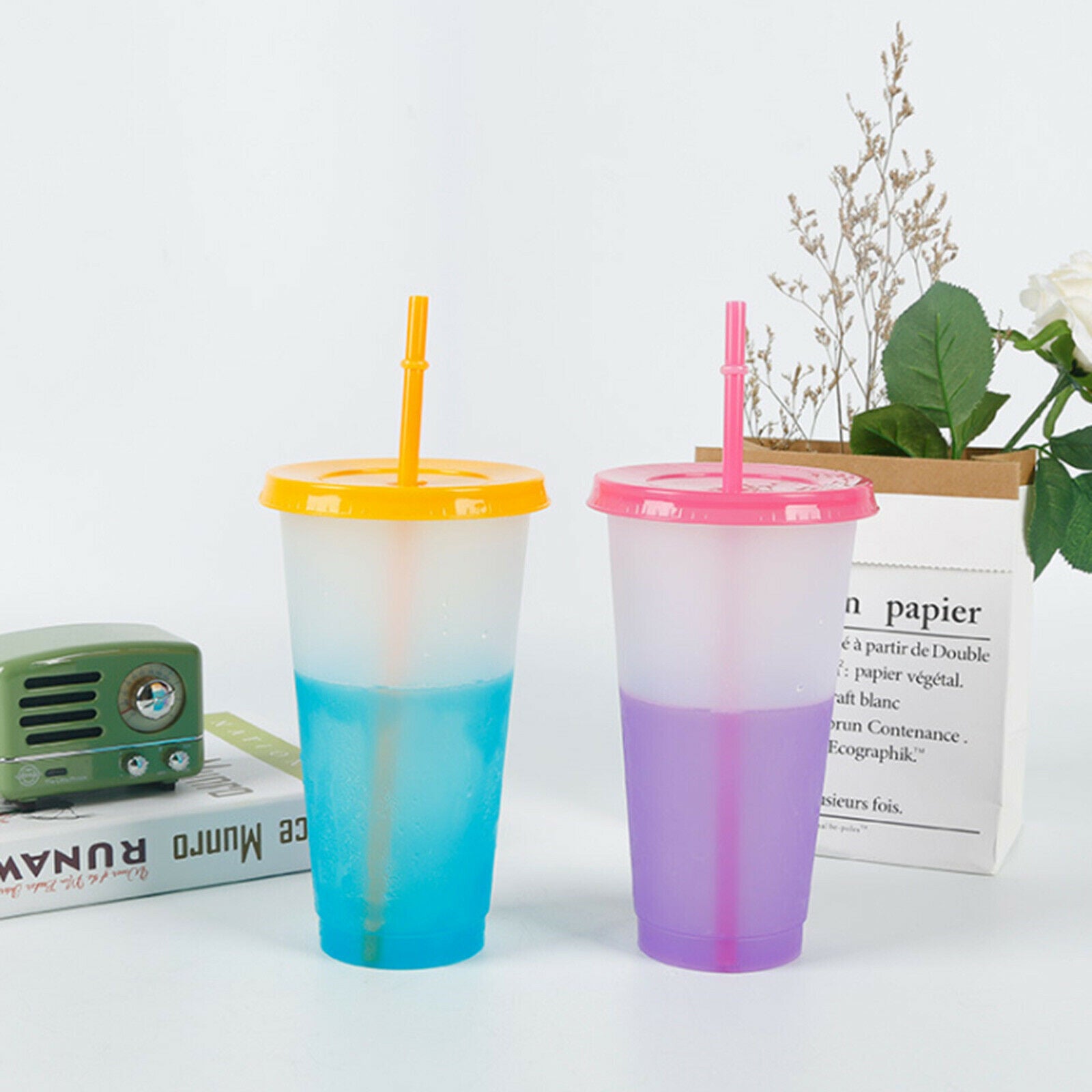 Reusable Color Changing Cups 7pcs Cold Drinks Travel Tumbler with Lid Straw 24oz
