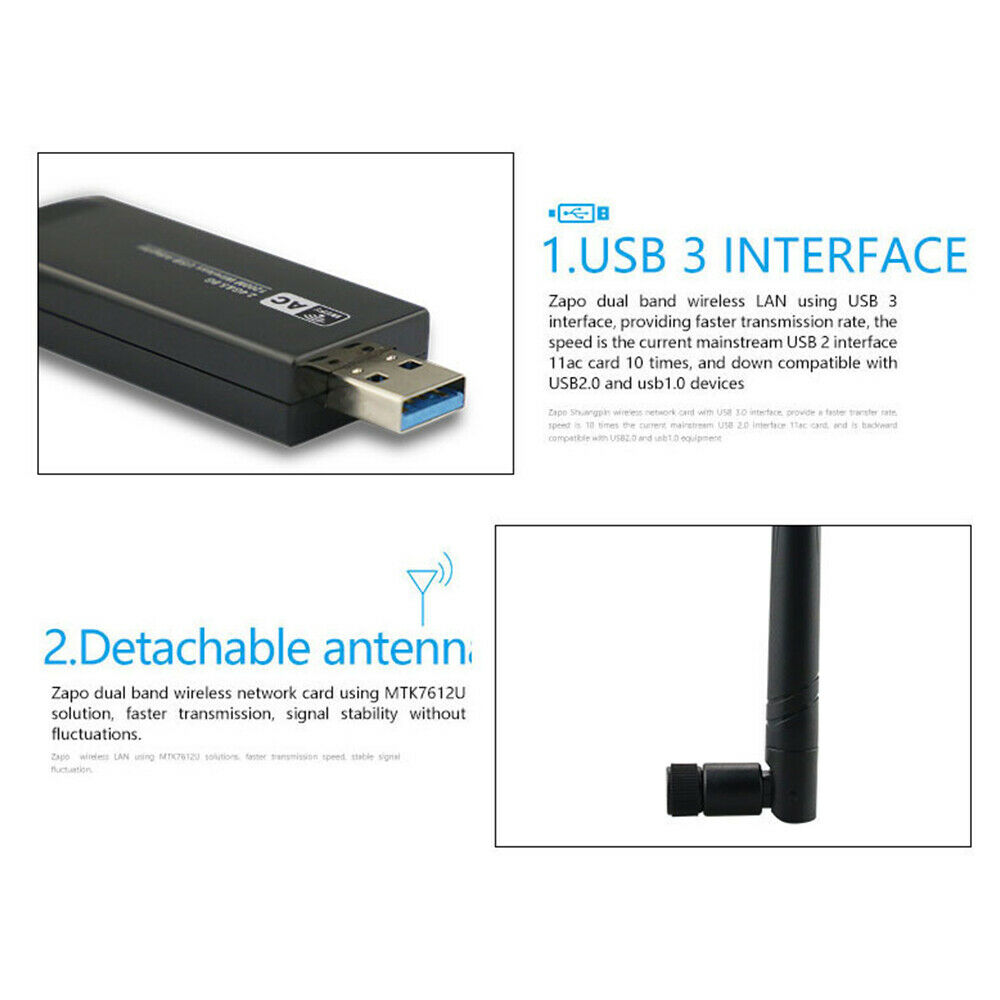 RTL8812AU Chipset 1200Mbps 5GHz Wireless AC WiFi USB Adapter Dongle Antenna