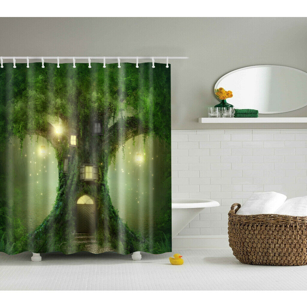 Water Resistant Bathroom Shower Curtain Panel with 12 Hooks Treehouse