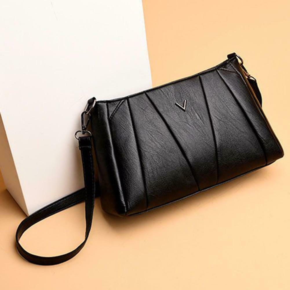 Women Girls Zipper PU Crossbody Messenger Bags Casual Pure Shoulder Handbag @