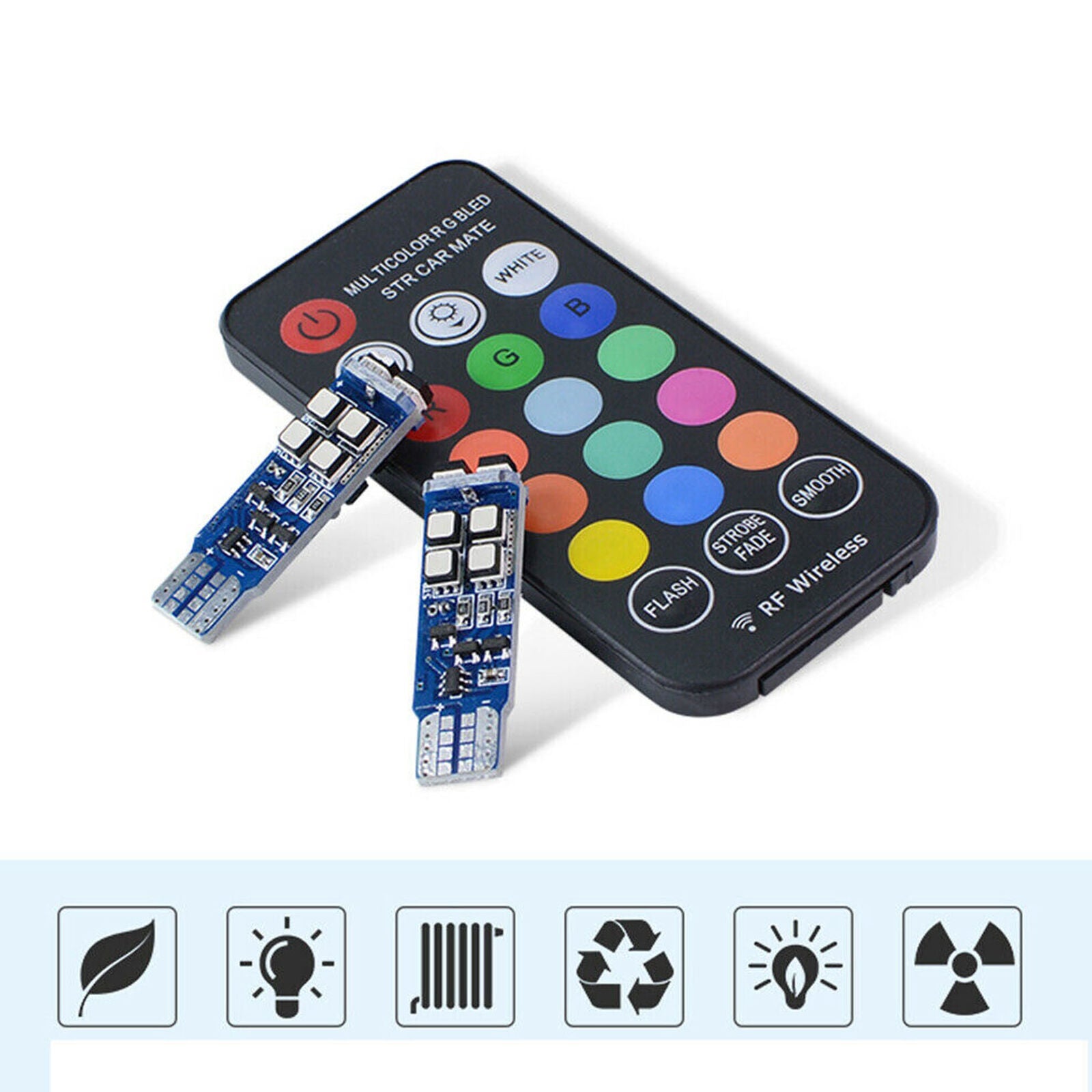 Multi-Color RGB 168 194 T10 LED Bulbs w/RF Remote Control For Car Parking Lights
