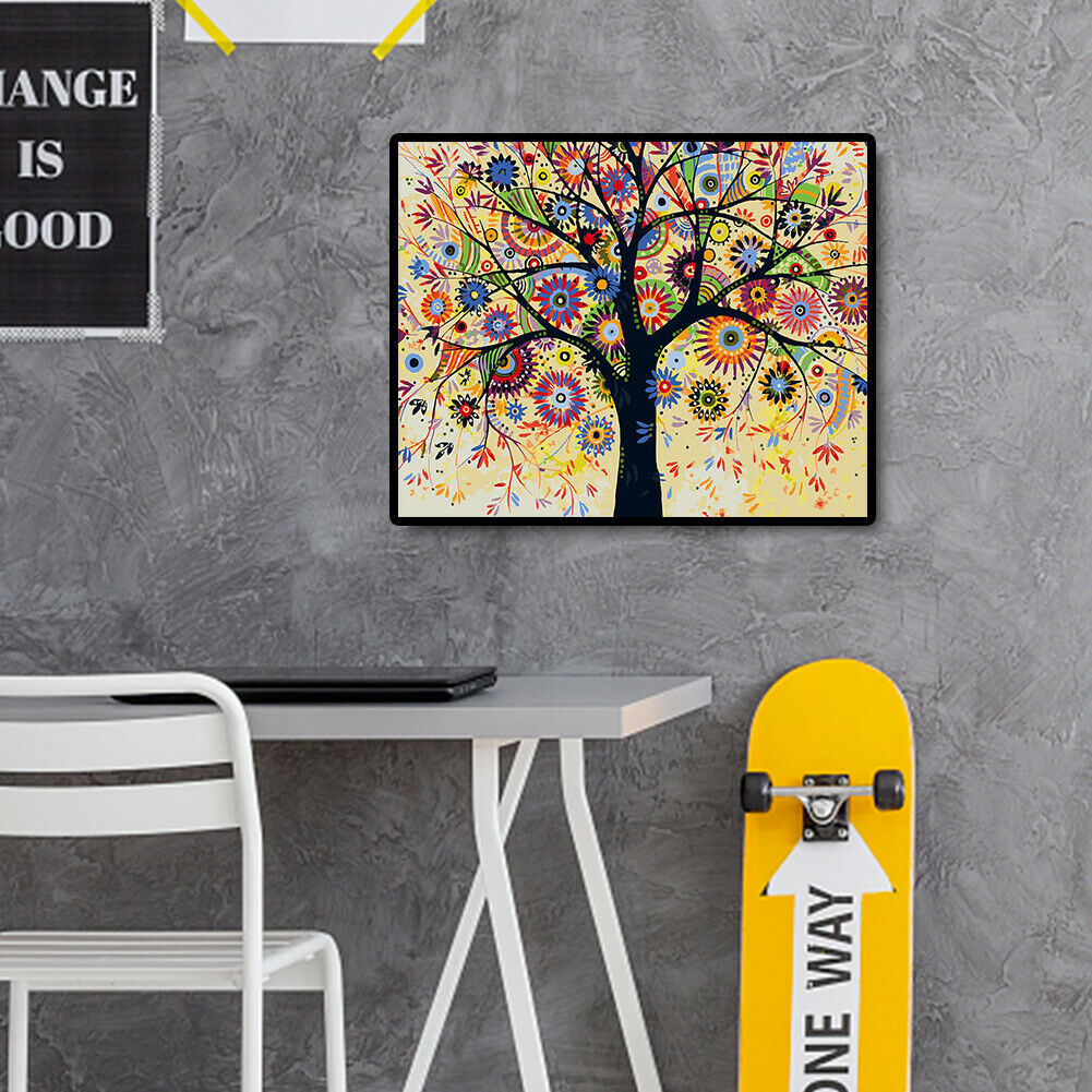 Hand Painted DIY Painting By Numbers Colorful Tree Wall Art Craft Picture @