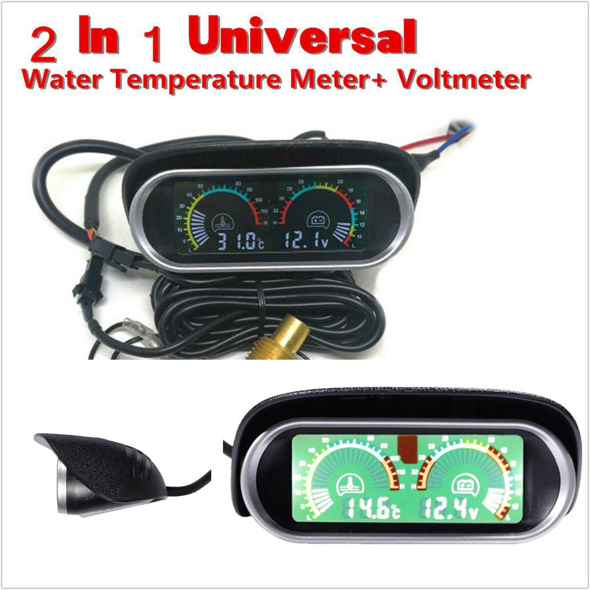 2IN1 12v 24v Car Truck Water Temperature Gauge Meter + Voltmeter Voltage Gauge