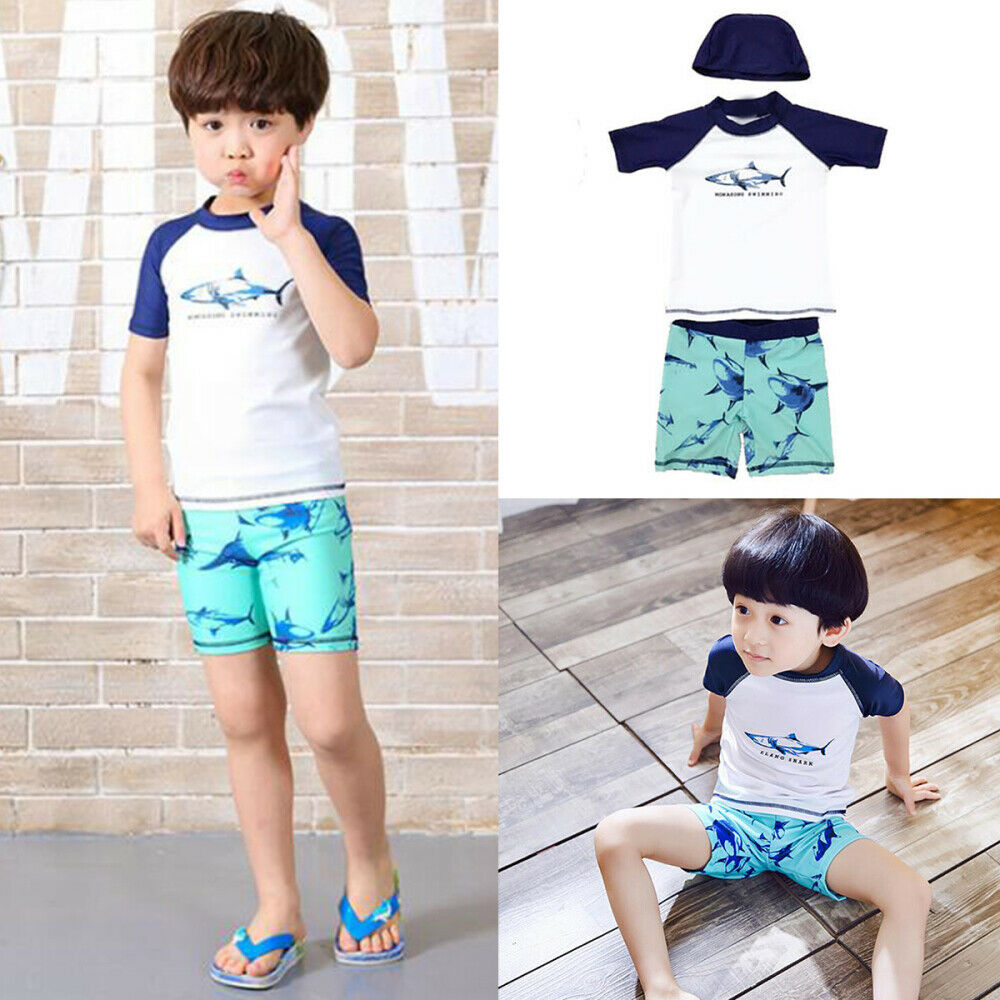 3pcs Kids Boy Swimwear Swimsuit Bathing Suit T-Shirt+Shorts+Cap Swimming Outfit
