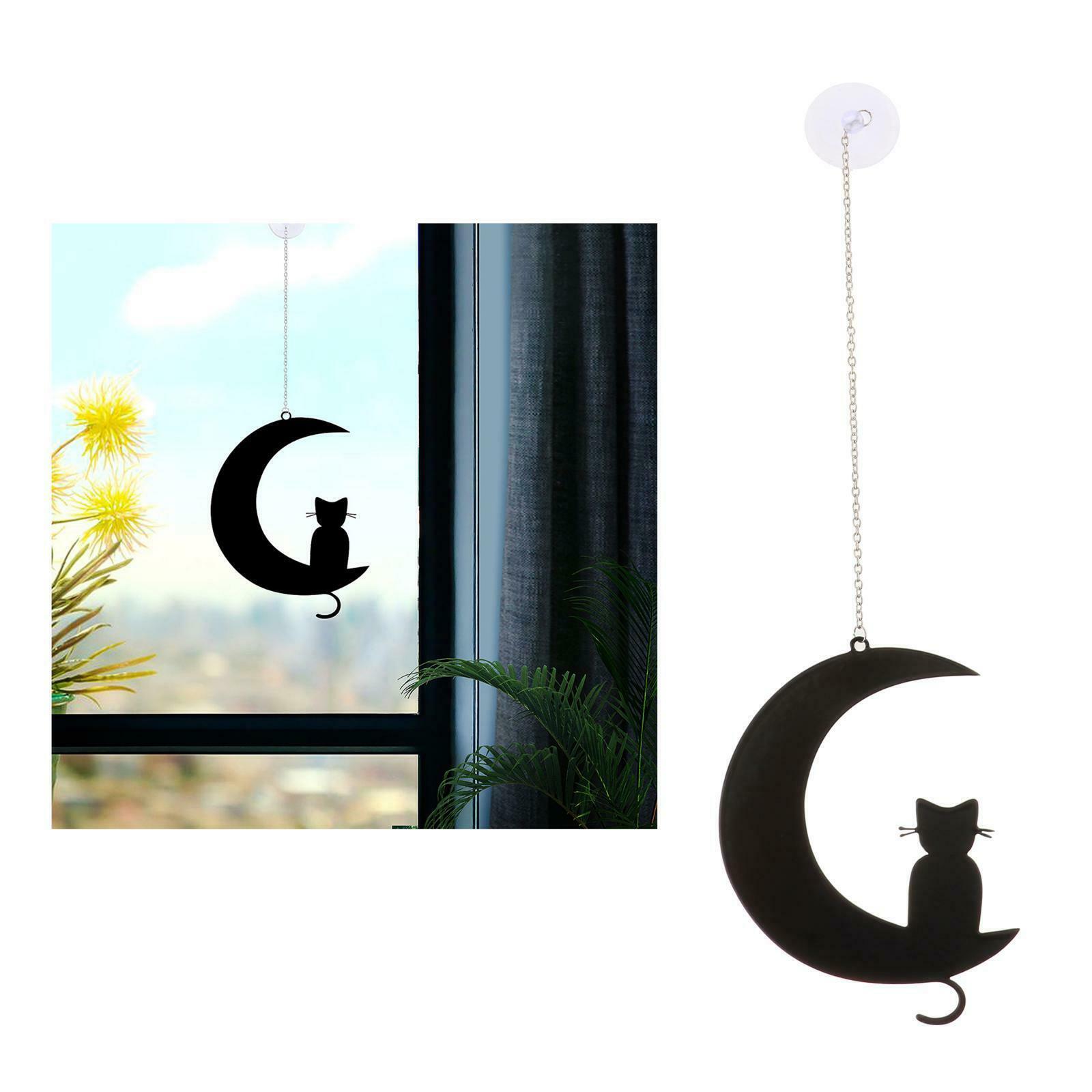 Iron Cat on The Moon Silhouettes Hanging Decor for Windows Wall Fence Garden
