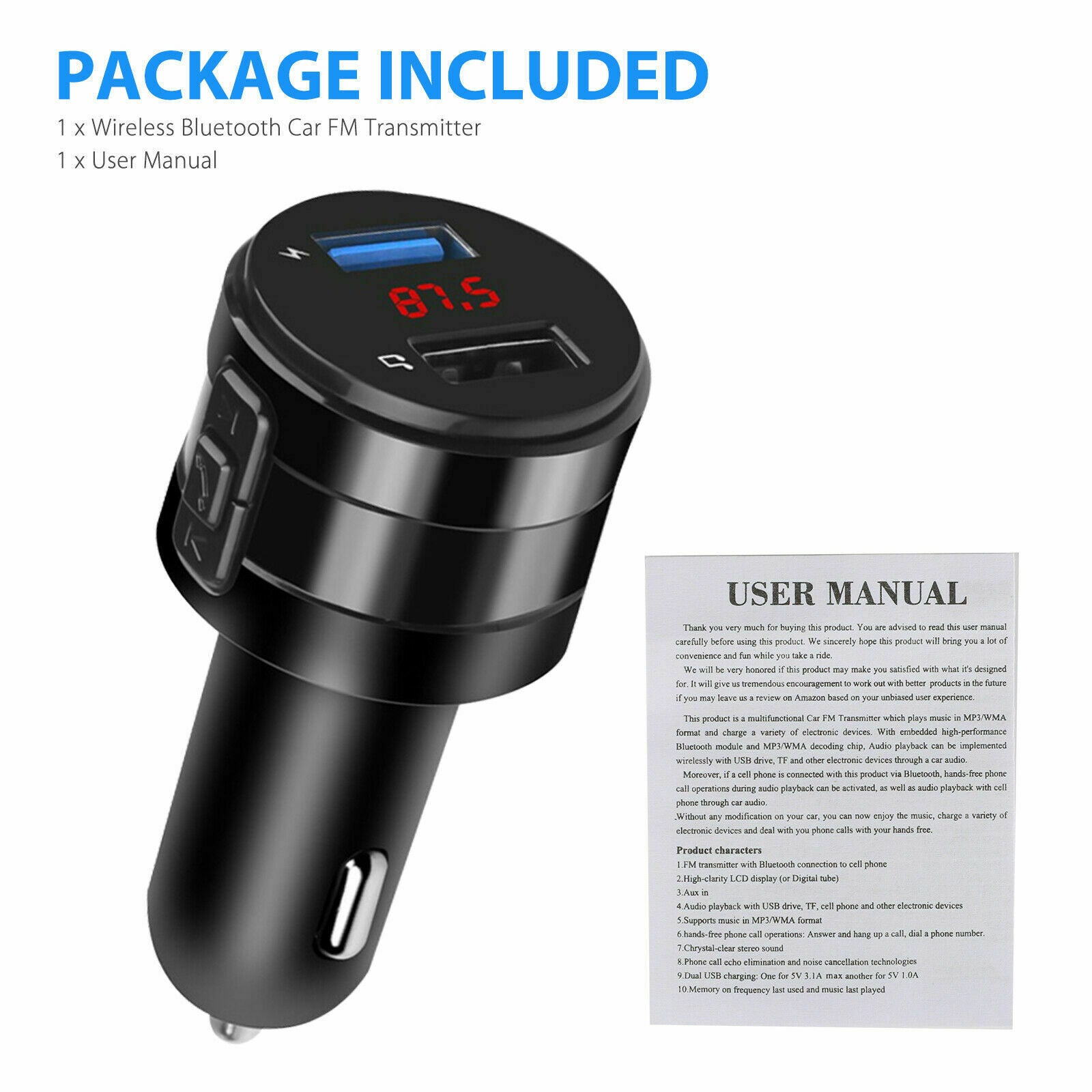 Bluetooth 5.0 Wireless Car FM Transmitter Music MP3 AUX Radio 2 USB Charger LED