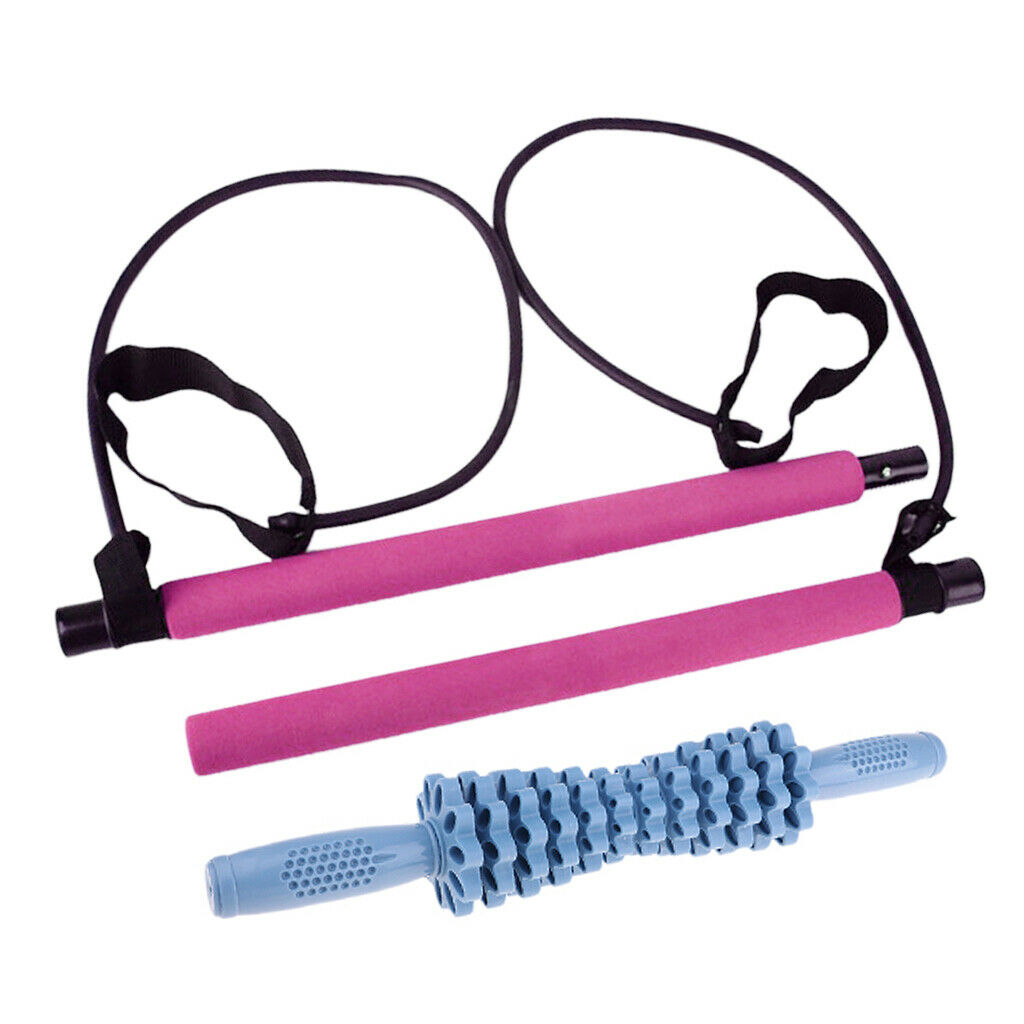Pilates Bar Kit w/ Resistance Band Tube Muscle Massage Roller Stick Ab Trainer