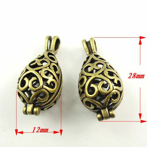 Antiqued Bronze Color Brass Hollowed Floral Locket Teardrop Shaped Pendant 6 pcs