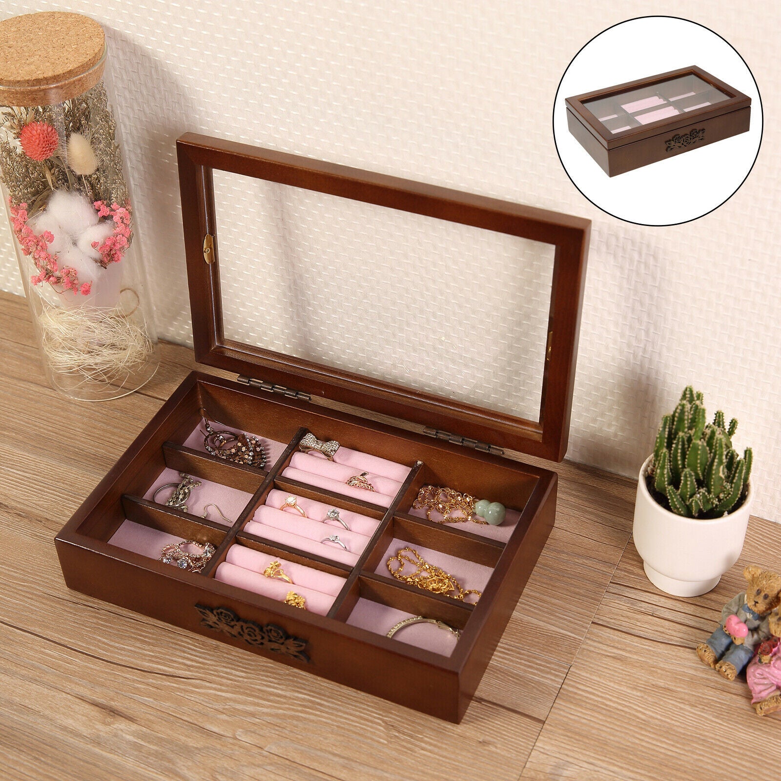 Clear Top Wooden Jewelry Display Box Case Watch Organizer Container Case