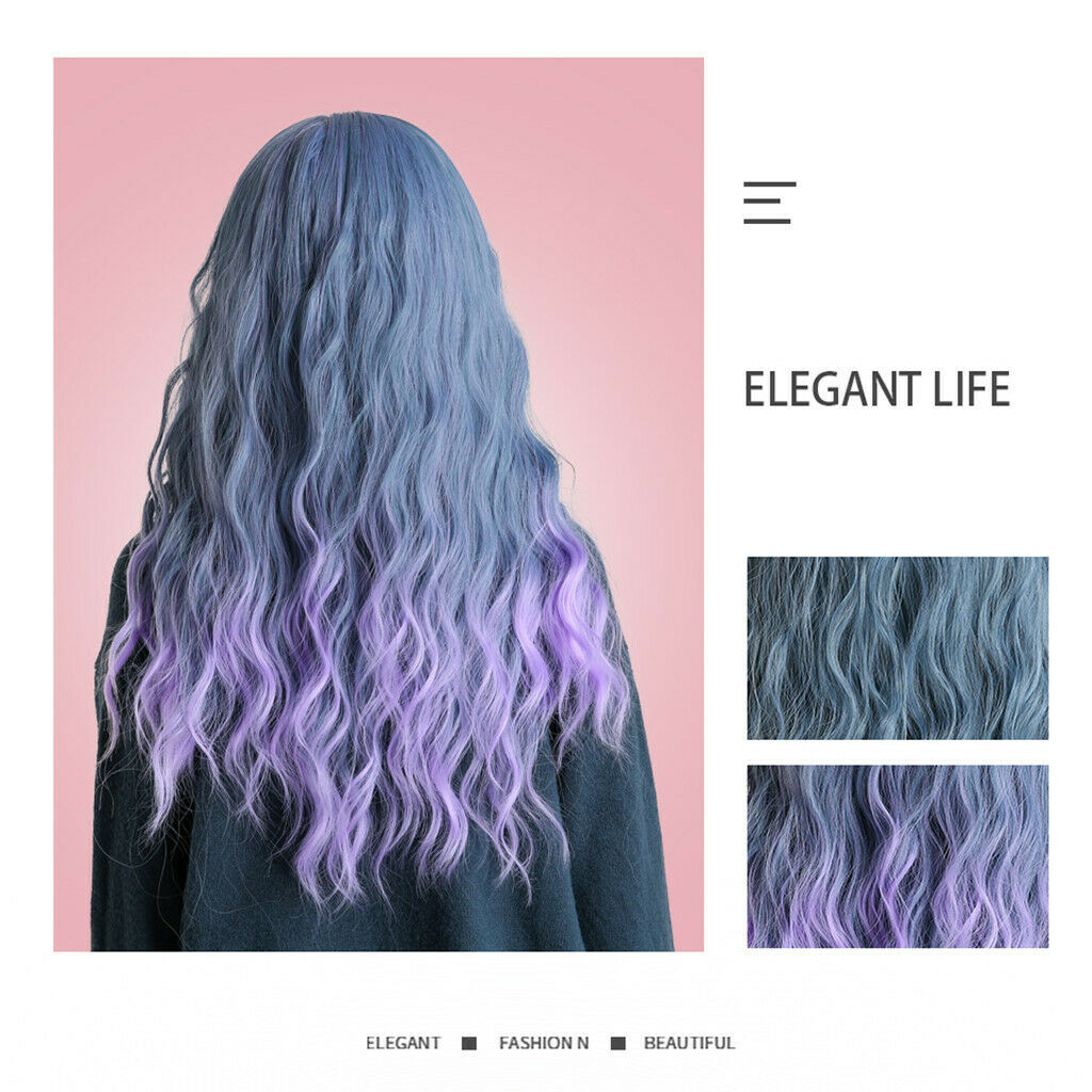 24" Blue Ombre Purple Synthetic Wigs Long Curly Anime Wig for Women w/ Bangs