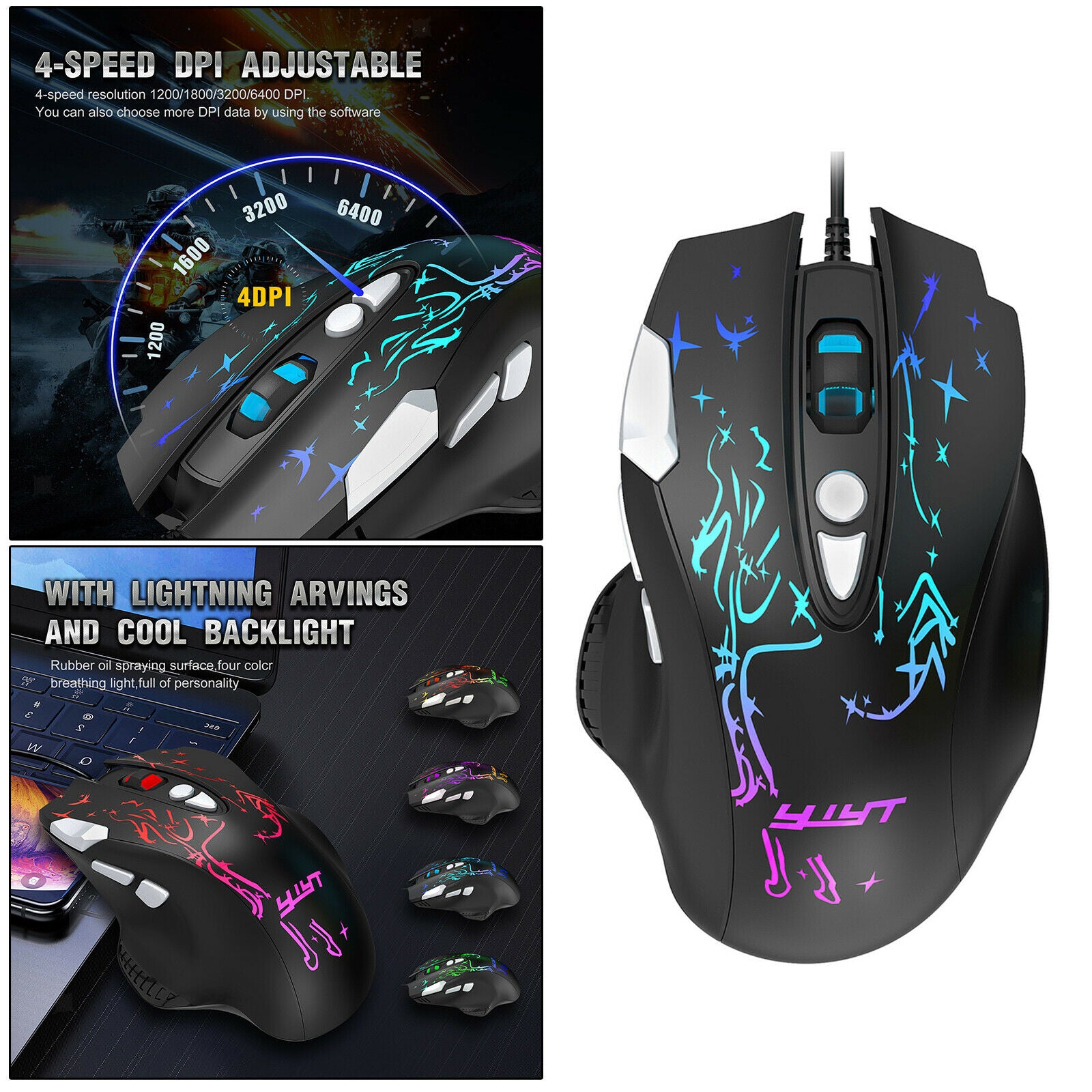 USB RGB Wired Gaming Mouse 6400 DPI Gamer Optical Mice with Side Buttons