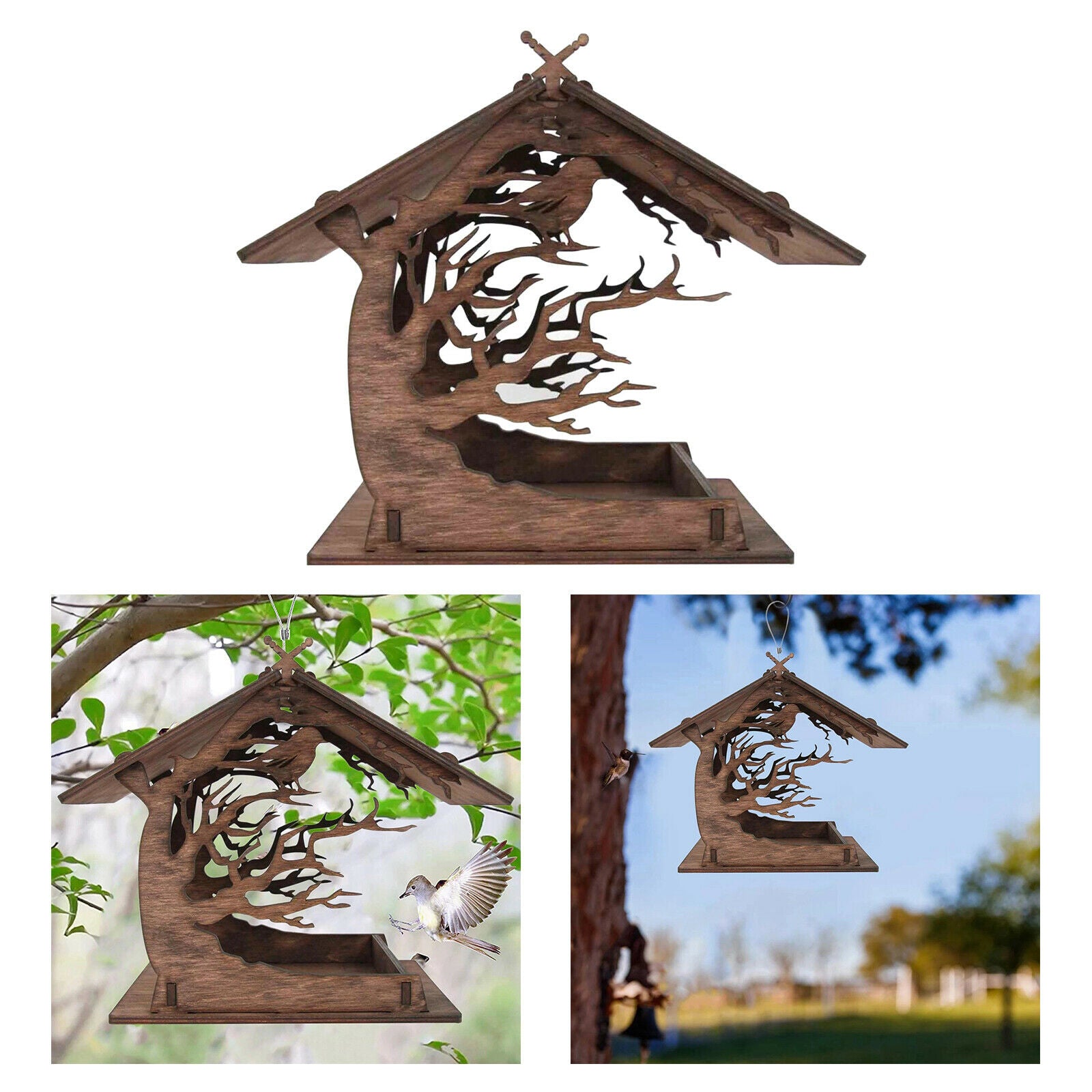 Handmade Wooden Bird Feeder Attractive Outdoor Tree Villa Decor Ornaments