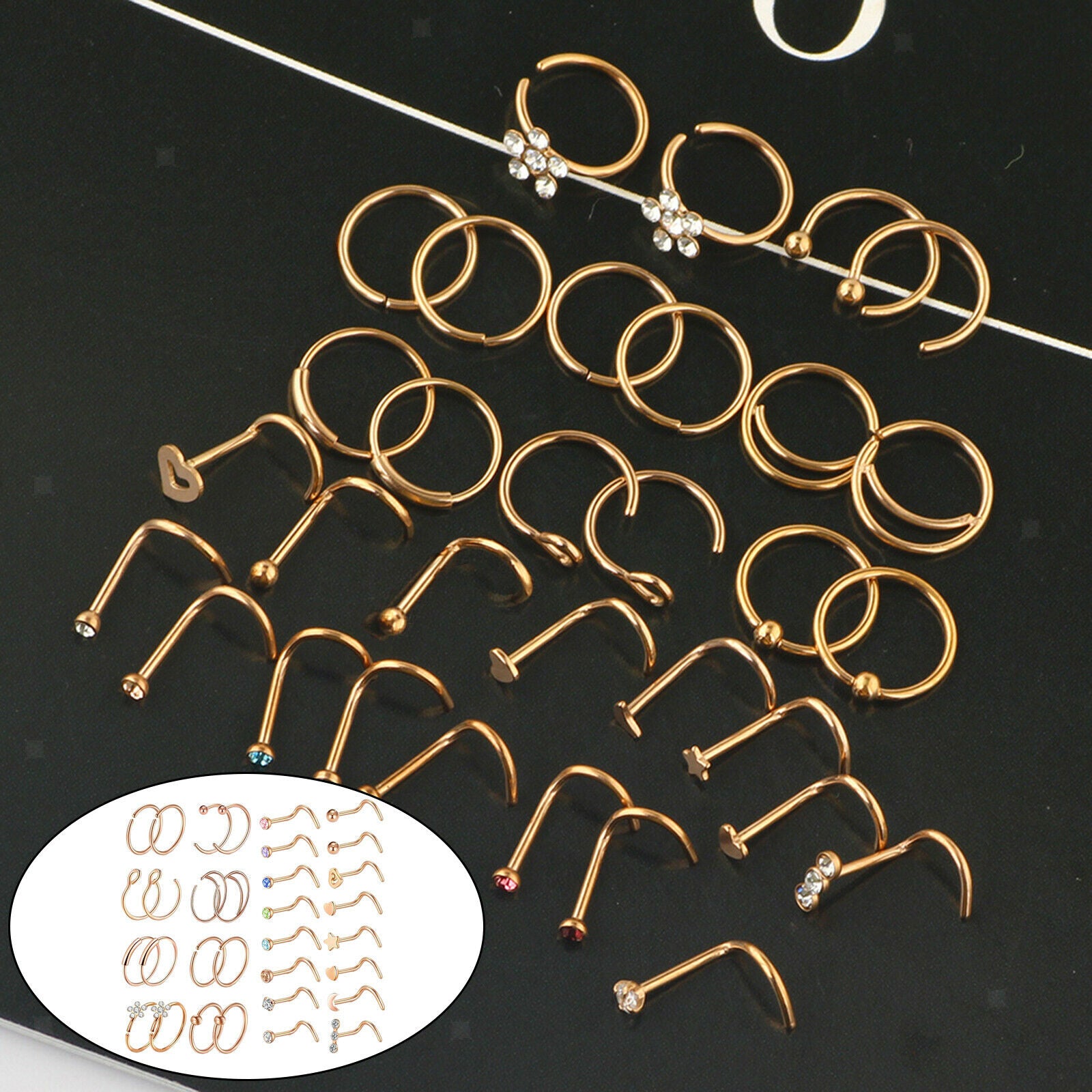 32pcs Stainless Steel Nose Rings Hoop L-Shaped Studs Piercing Jewelry Set for