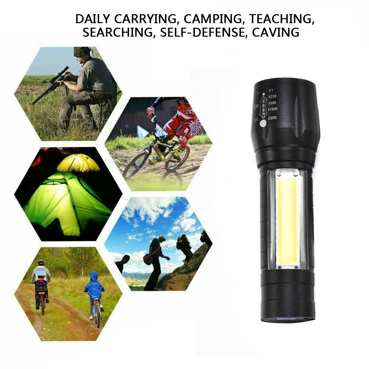 New T6 COB Zoomable Light Lamp Torch with LED Flashlight USB Rechargeable