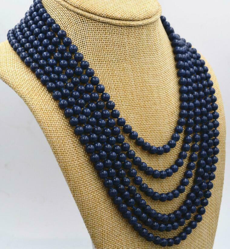 Charming 6 Rows 6mm Blue Lapis Lazuli Round Beads Necklace 17-24"