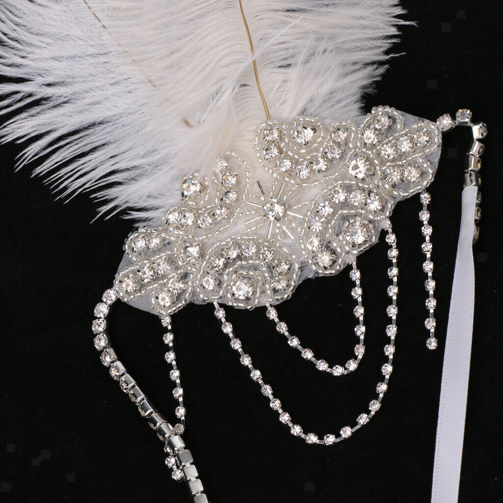 White Feather Flapper Headband w/Tassel 1920s Great   Bridal Headpiece