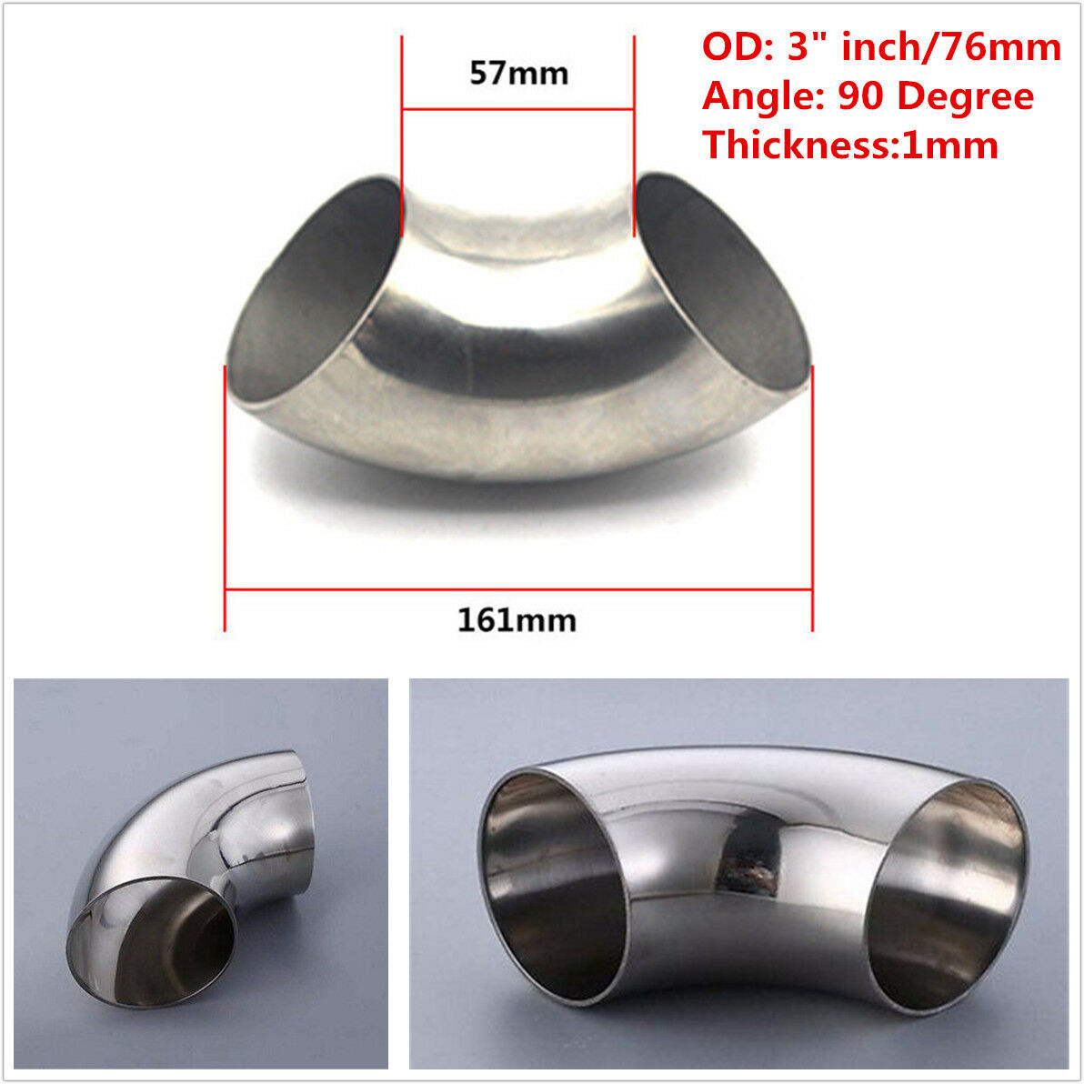3"inch/76mm OD Stainless Steel Car Exhaust Weld 90Degree Bend Elbow Pipe Fitting