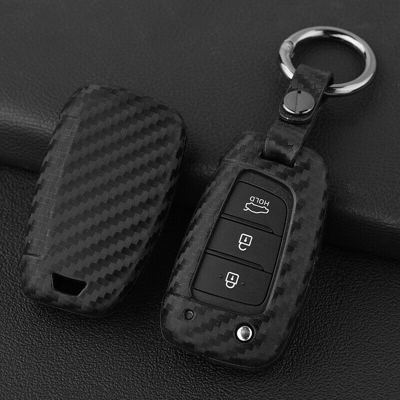 Carbon Fiber Key Fob Chain Cover Case Ring For Hyundai Accent Santa Fe Veloster