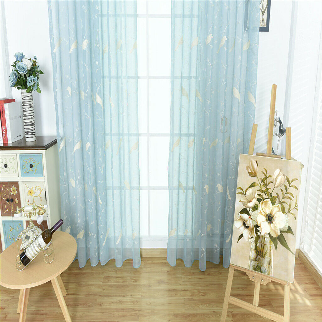Elegant Embroderied Birds Sheer Window Curtain Voile Drapery Panel 39''x98'' Rod