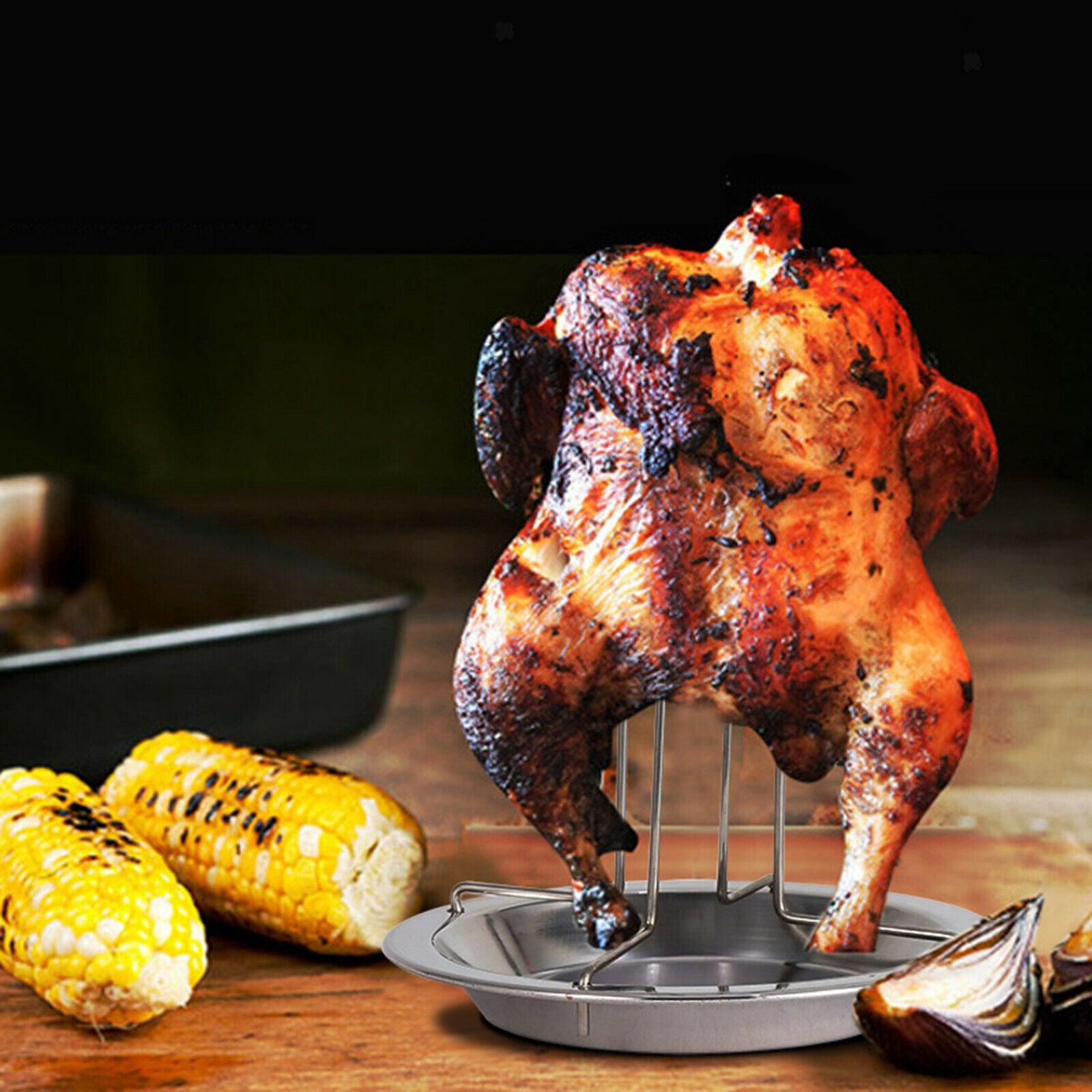 Rooster Beer Can Chicken Roaster Rack Steel Barbecue Grill Gift Space Saver