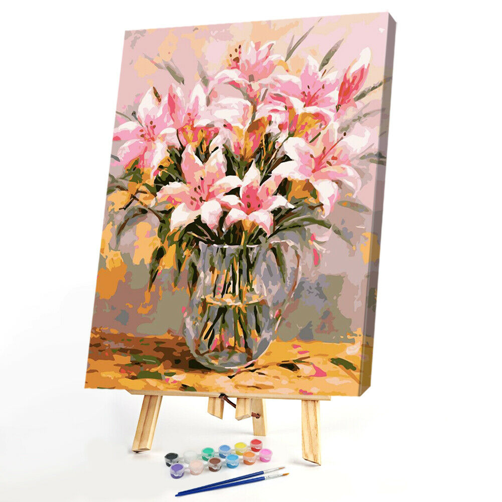 Painting By Numbers Kit DIY Lily Flower Hand Painted Canvas Oil Art Picture @