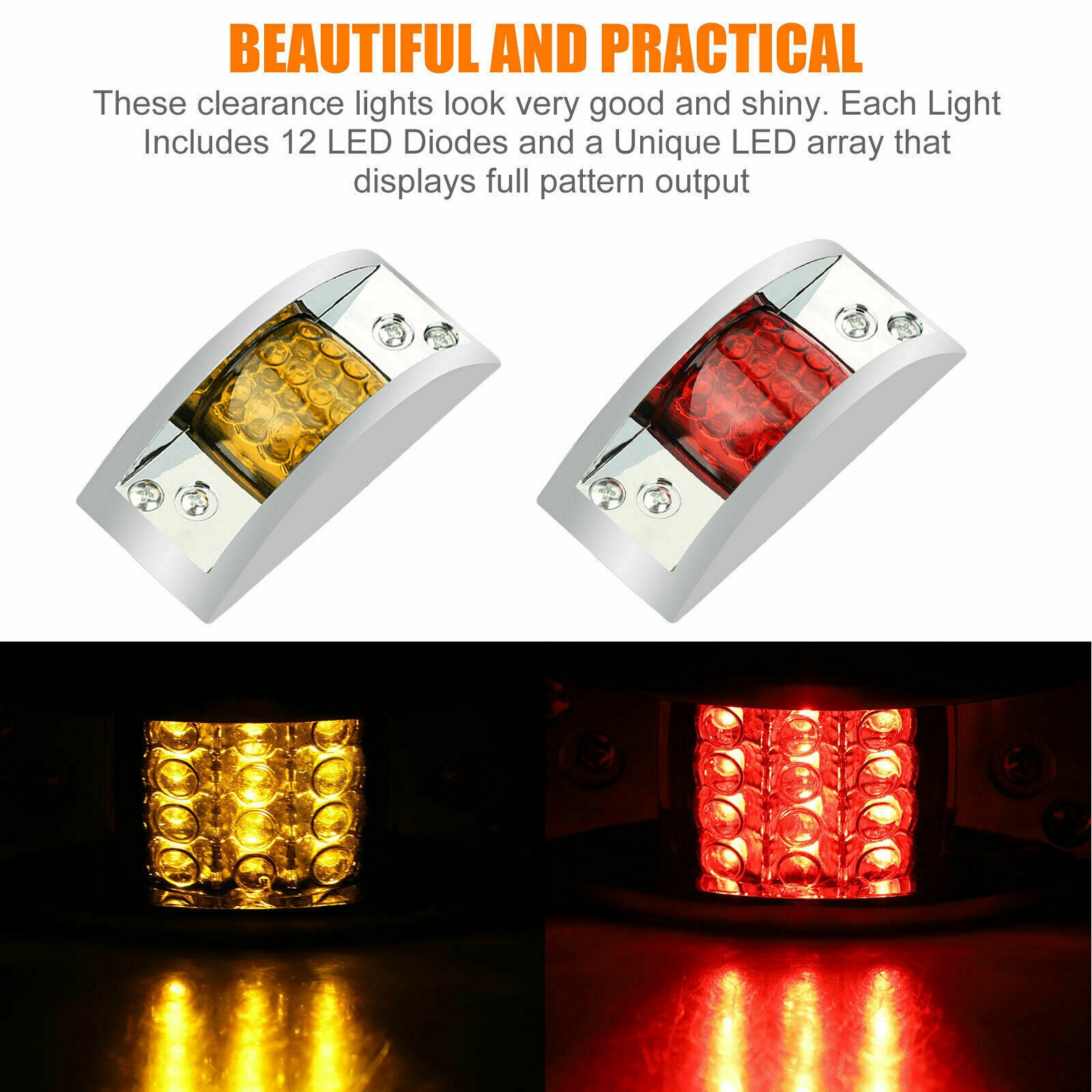 4X 12 LED 12V Yellow+Red Sealed Chrome Side Marker Truck Trailer Clearance Light