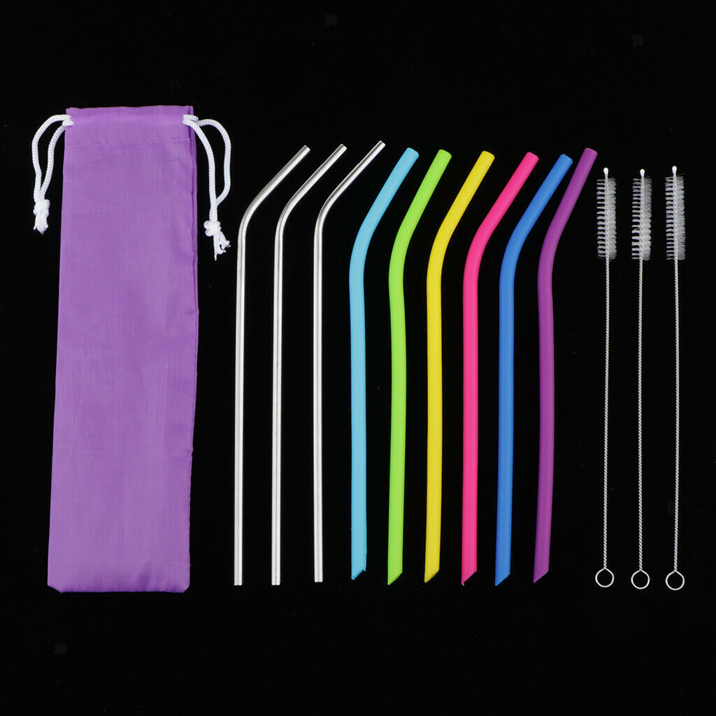 Reusable Drinking Straws Multicolor 6pcs Silicone 3pcs Stainless 3pcs Brush